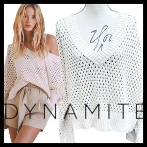 Dynamite Off White Cotton Oversized V-Neck Open Stitch Crop Sweater (XL/L)